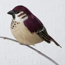 Cargar imagen en el visor de la galería, Pájaro gorrión decorativo con plumas burdeos con clip