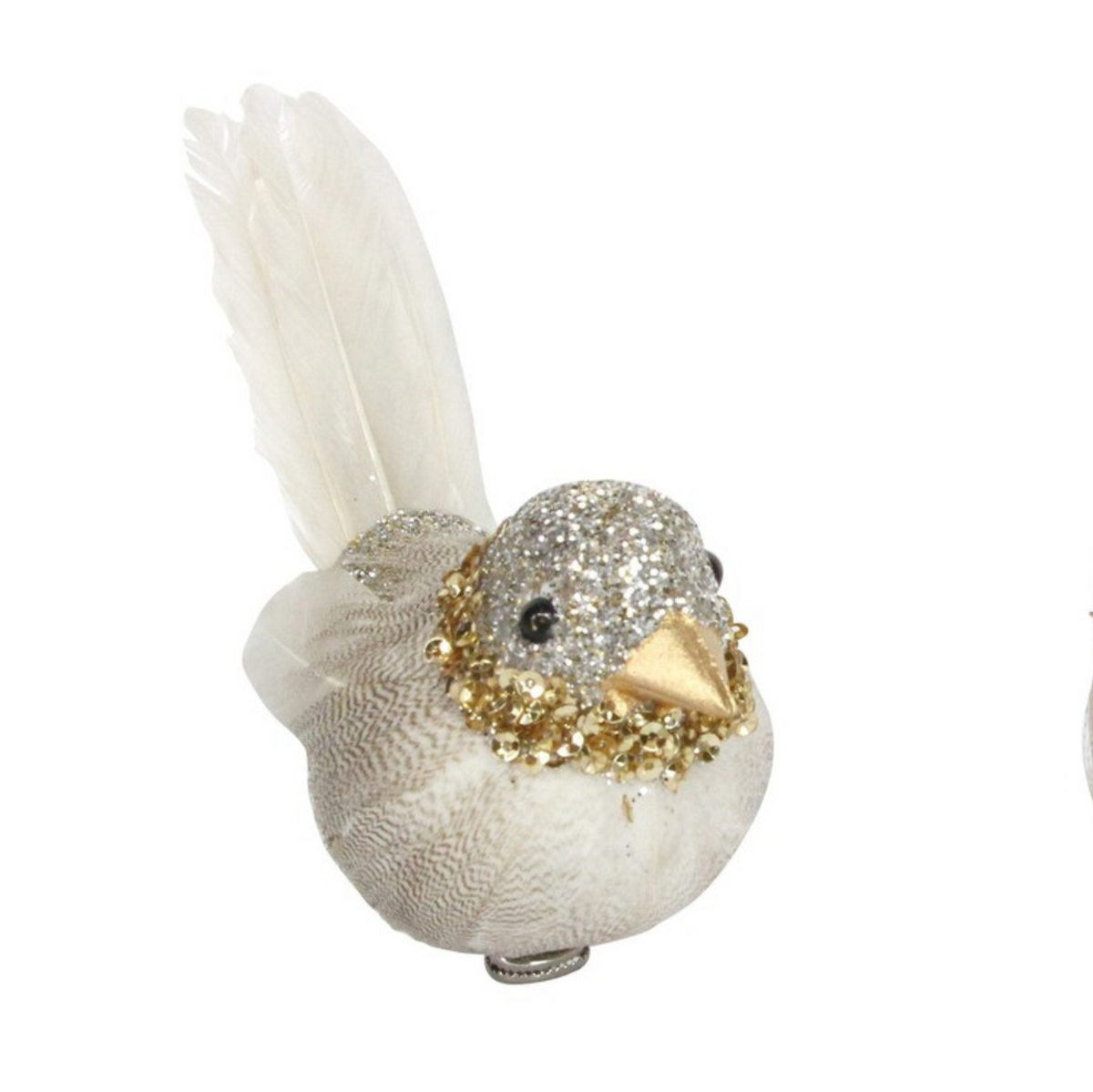 Pajarito decorativo con detalles brillantes en tonos dorado y plateado