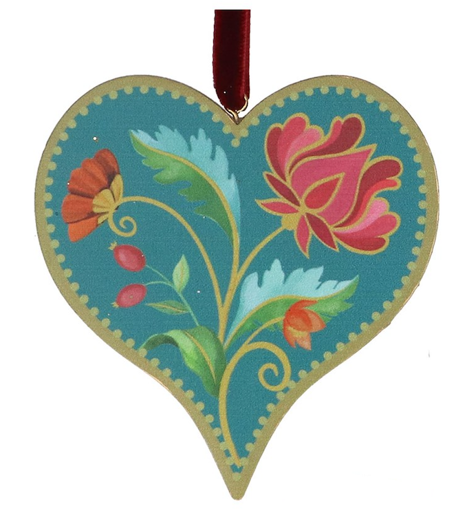 Adorno de Navidad corazón con flor folcórica, colgante