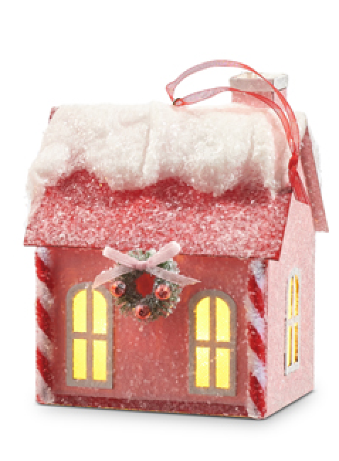 Adornos de casitas rosas navideñas con luz