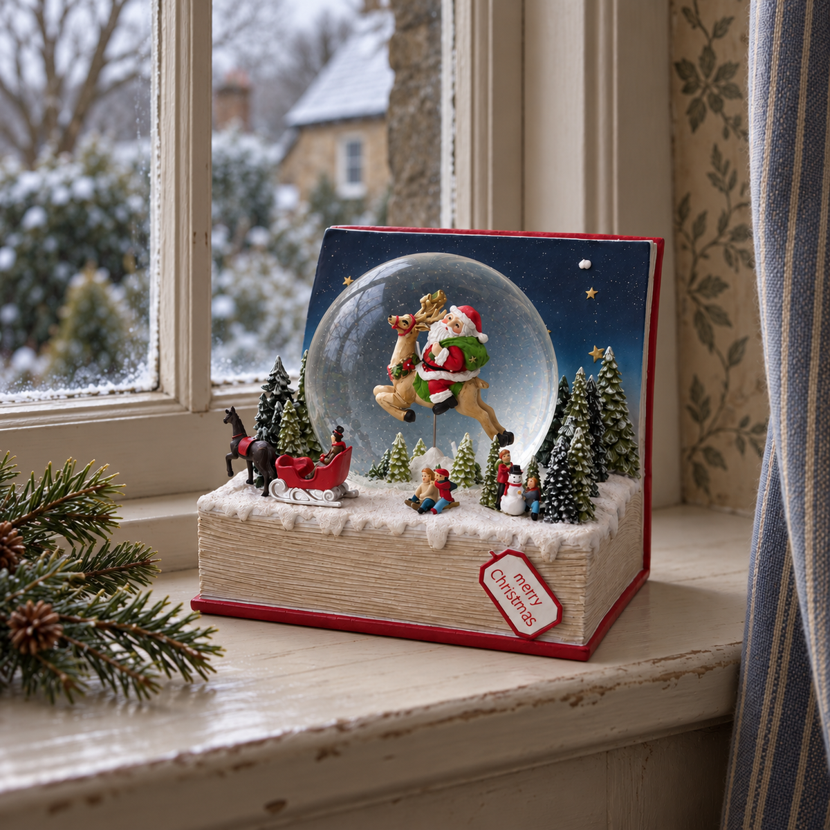 Escena musical navideña con bola de nieve y Papá Noel
