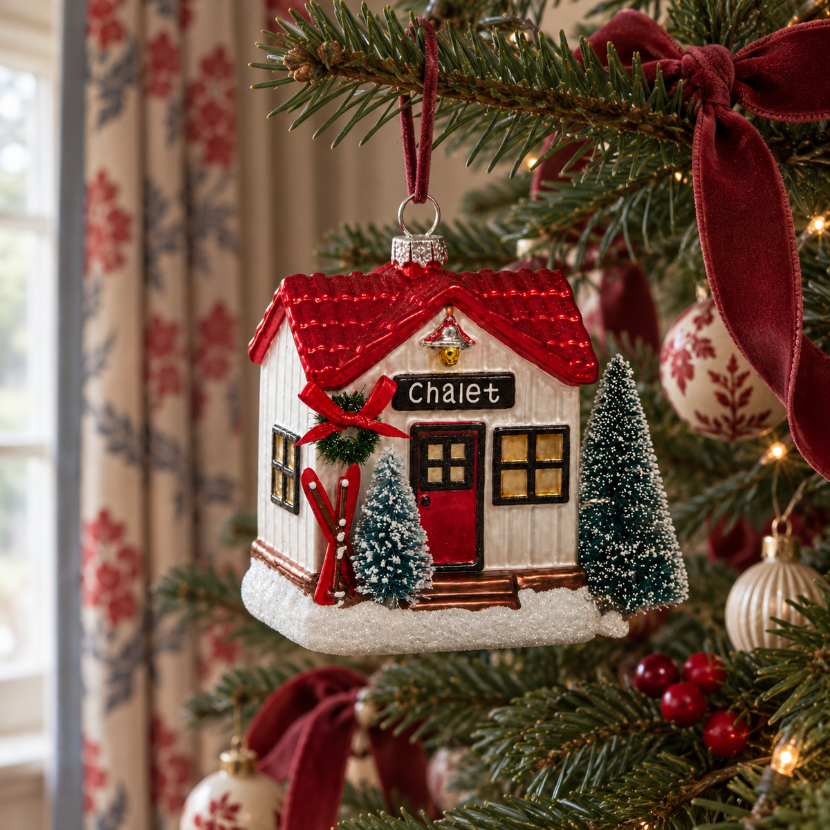 Adornos de árbol chalets de esquí nevados