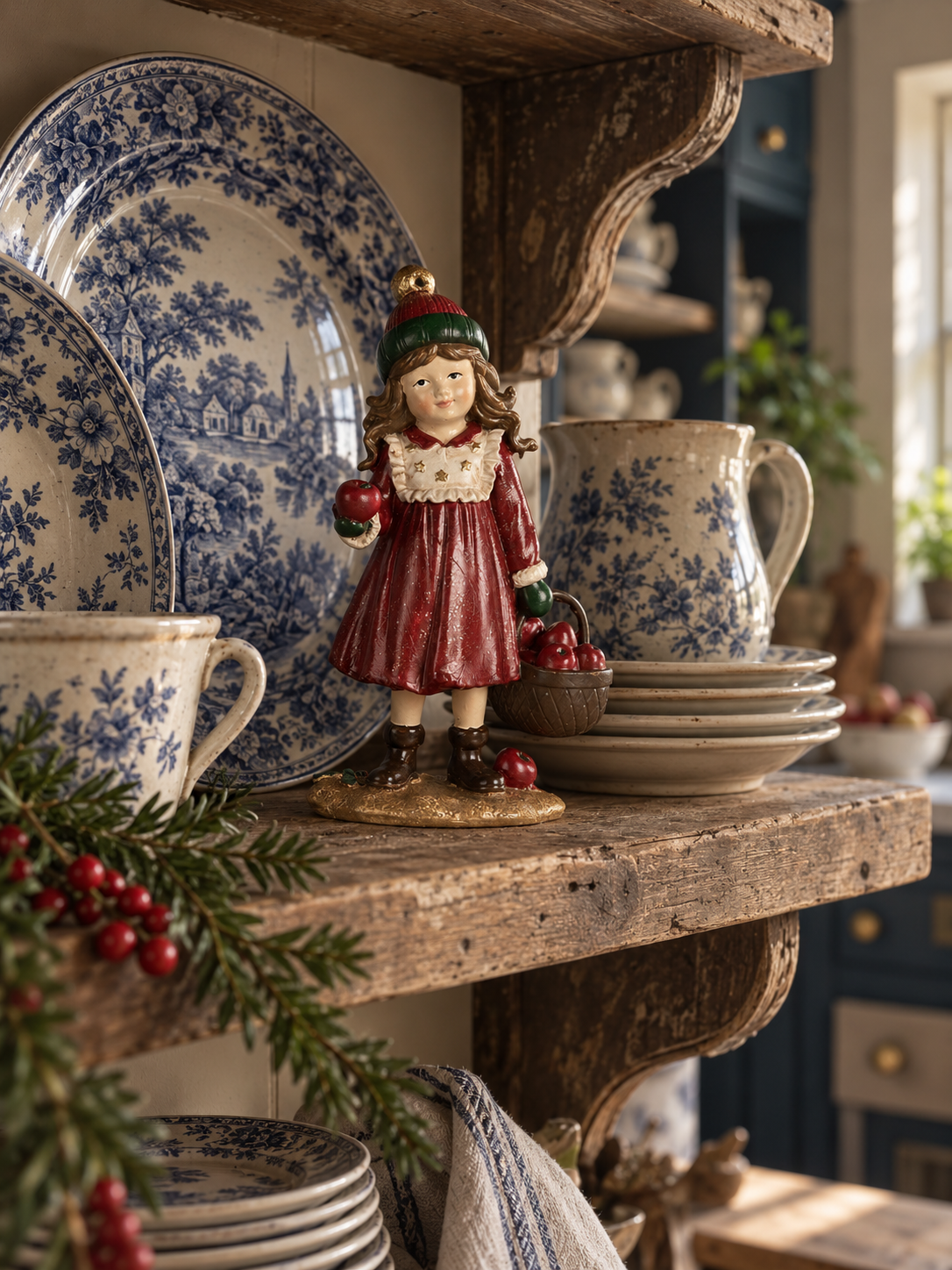 Figura decorativa infantil navideña – Niña con cesta de manzanas