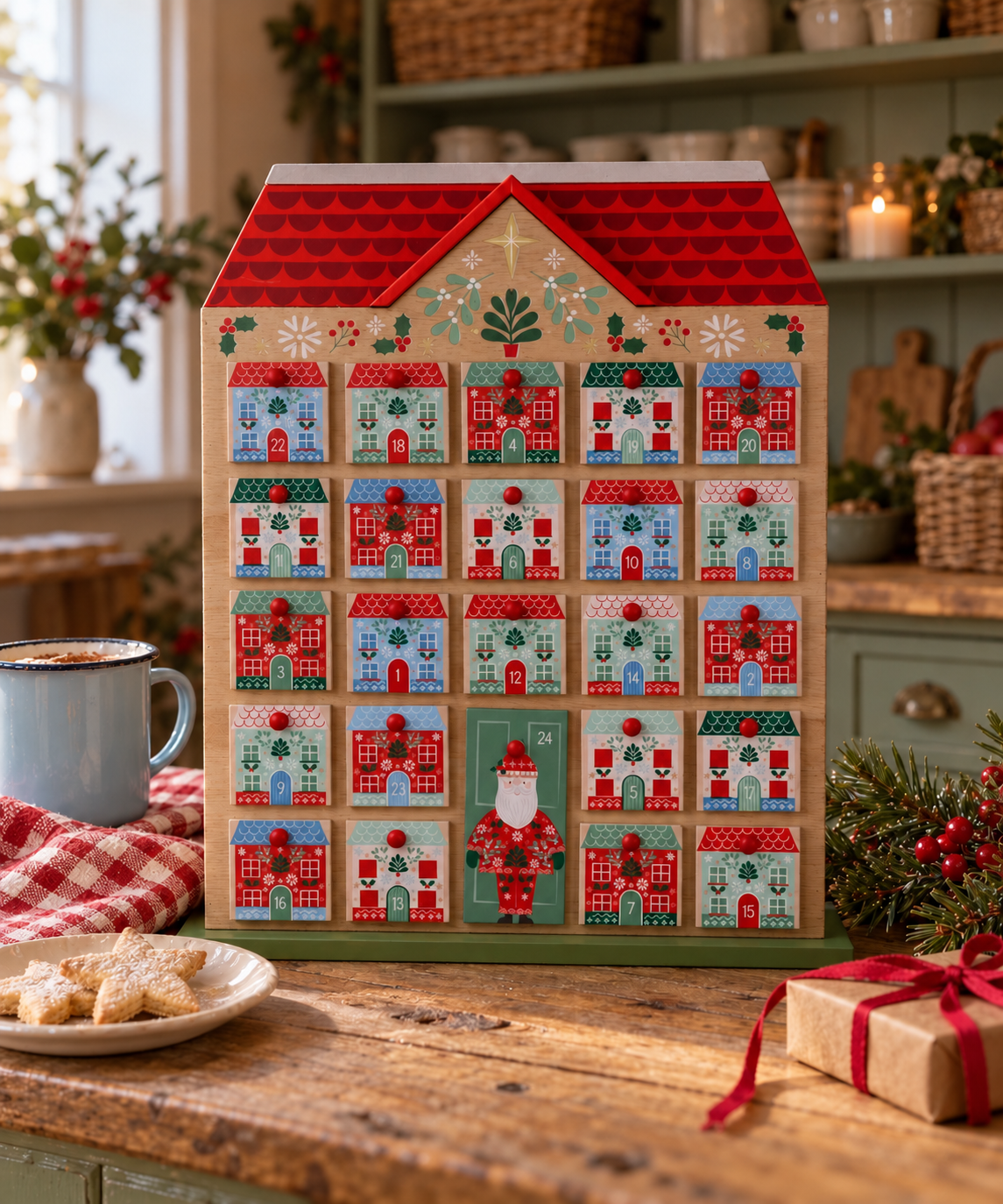 Calendario de adviento de madera con forma de casa