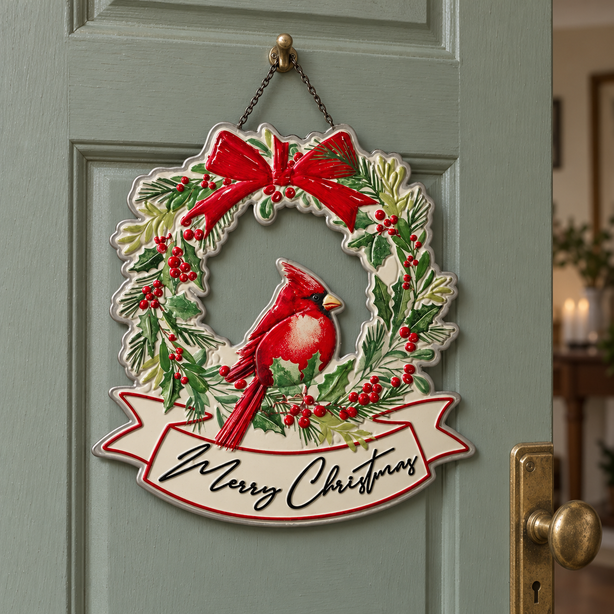 Adorno Metálico “Merry Christmas” con Cardenal (35,5 cm)