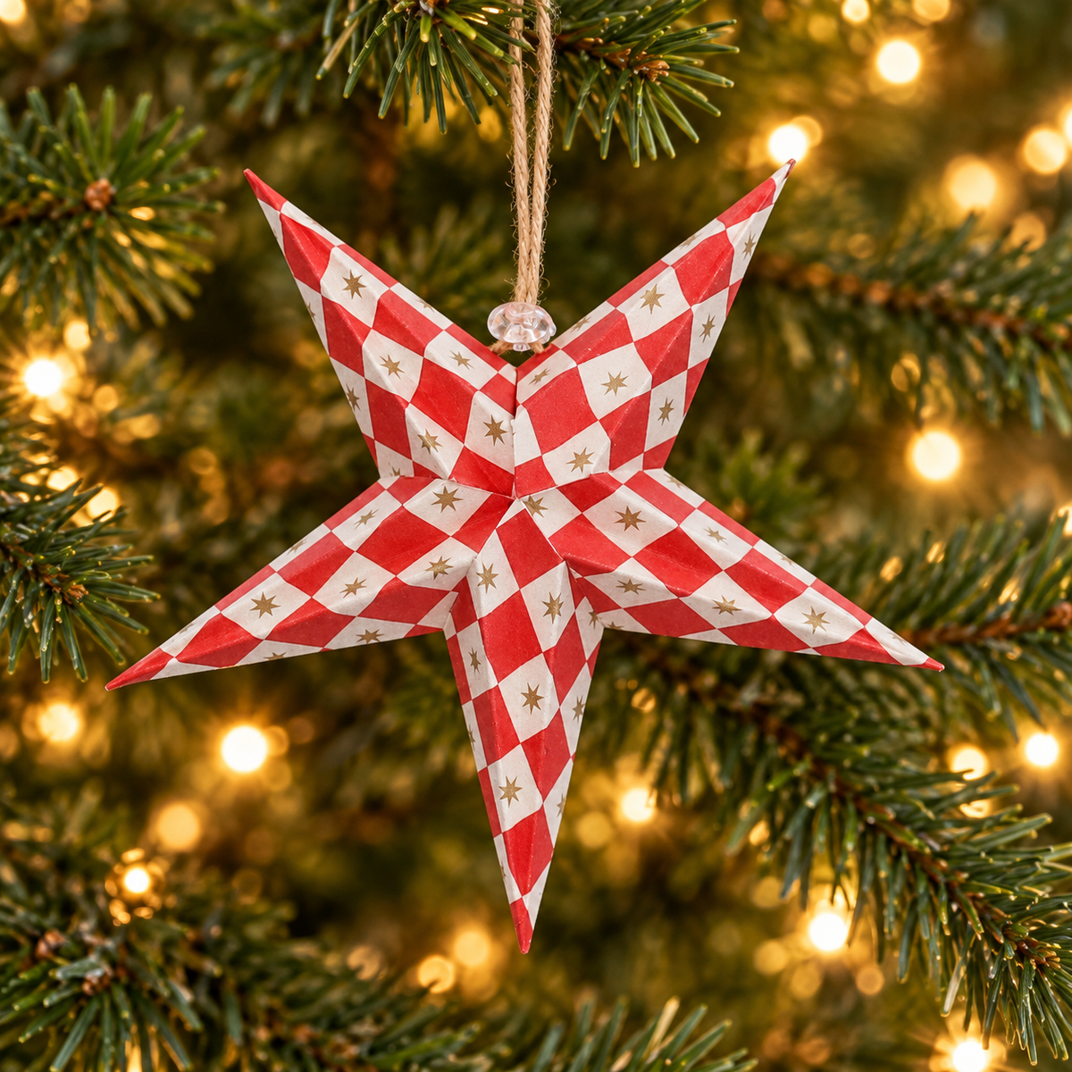 Estrella de Navidad plegable de cuadros rojos, colgante