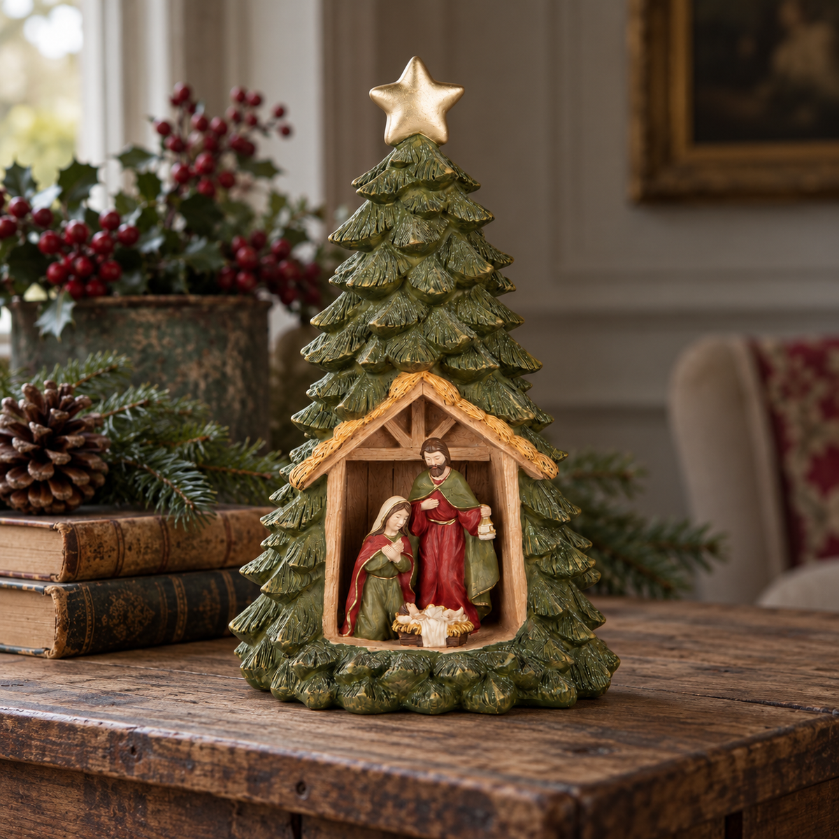 Nacimiento dentro de árbol de Navidad con estrella