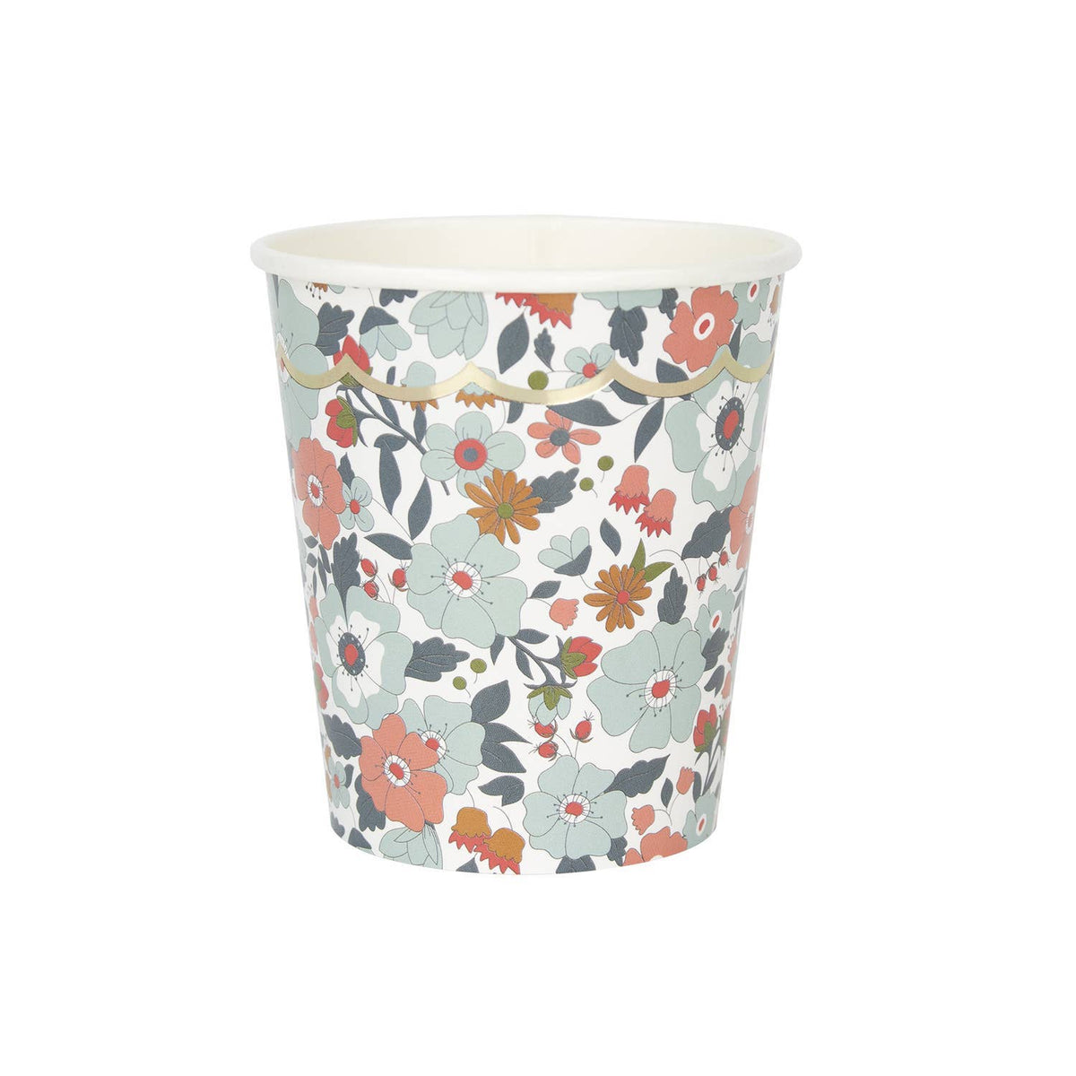 Vasos de papel decorativos de flores y borde dorado