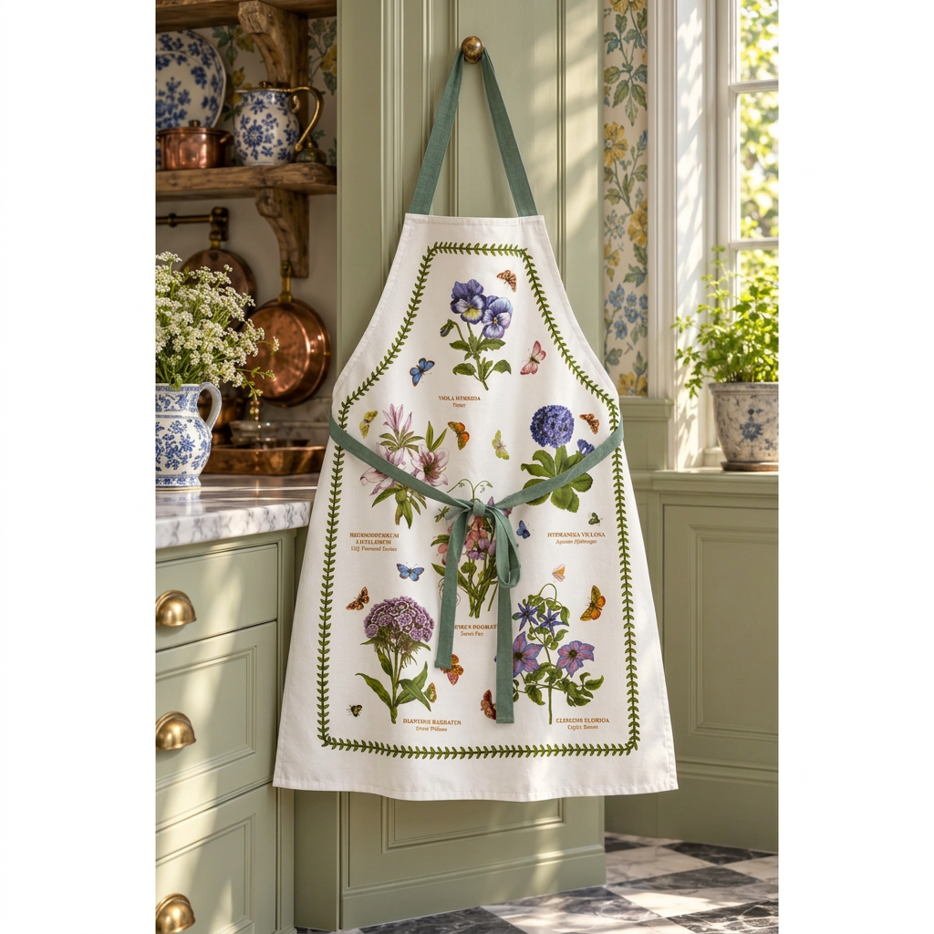 Delantal floral Botanic Garden en una cocina