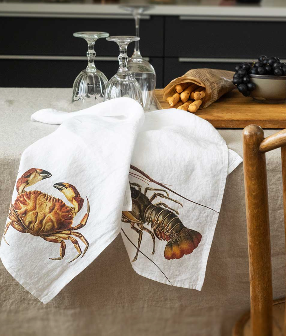 Trapos de cocina de lino con estampado de una nécora y bogavante