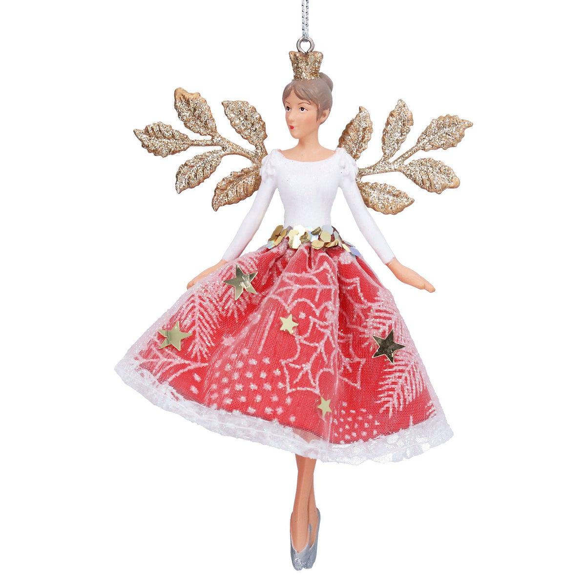Adorno de Navidad hada con falda roja estrellada, colgante