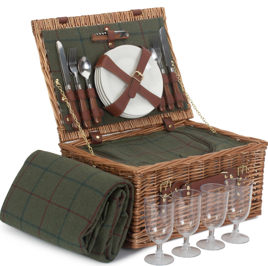 Cesta de pic nic para 4 personas en mimbre y tweed