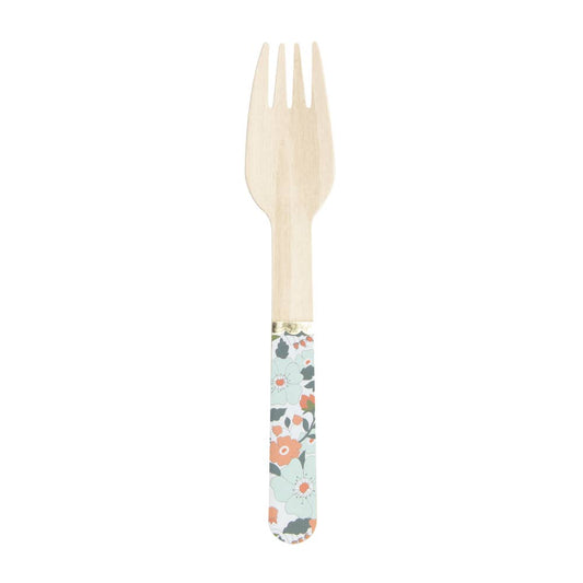 TENEDORES PEQUEÑOS DE MADERA CON FLORES Y ORO X 8