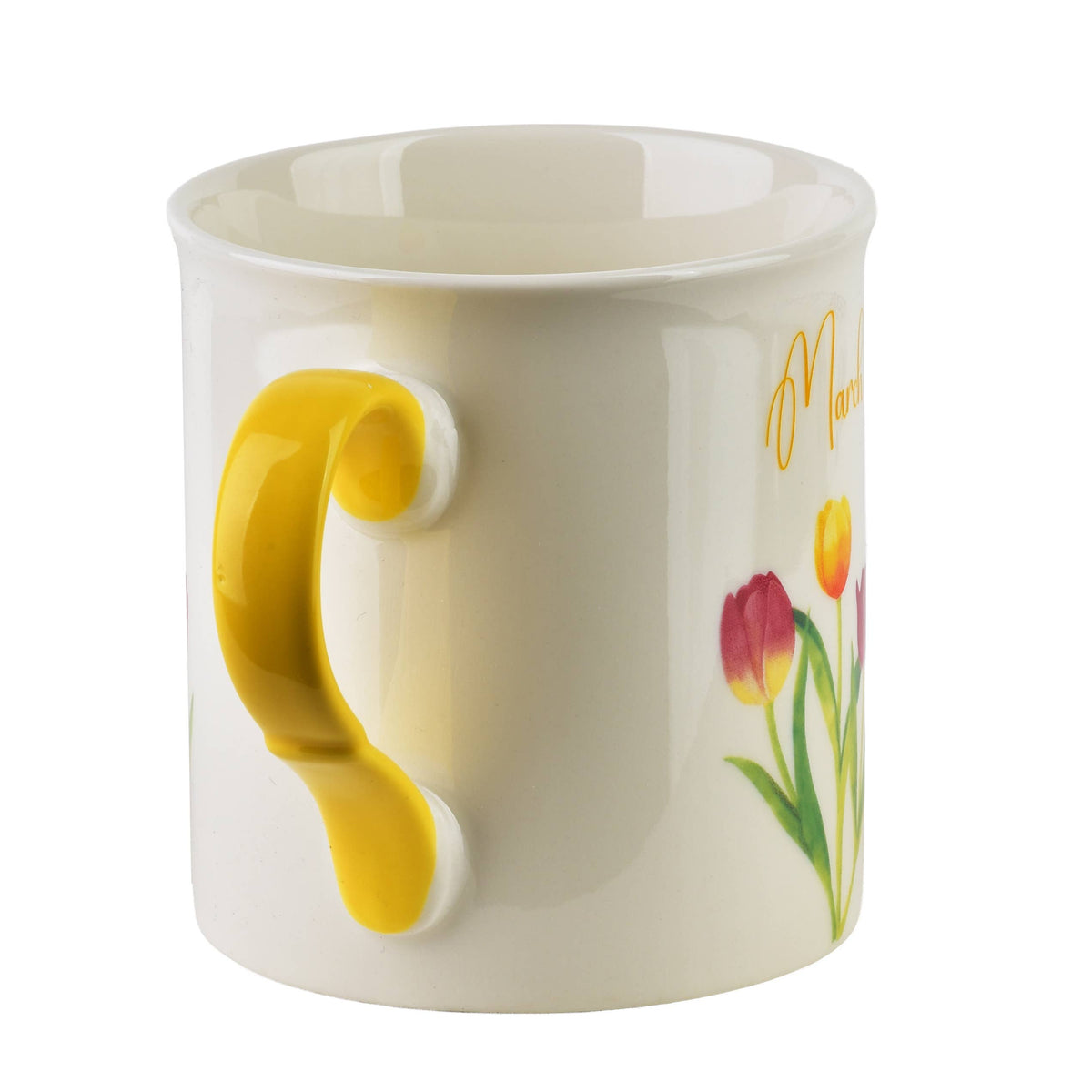 Taza amarilla de porcelana, mes de marzo
