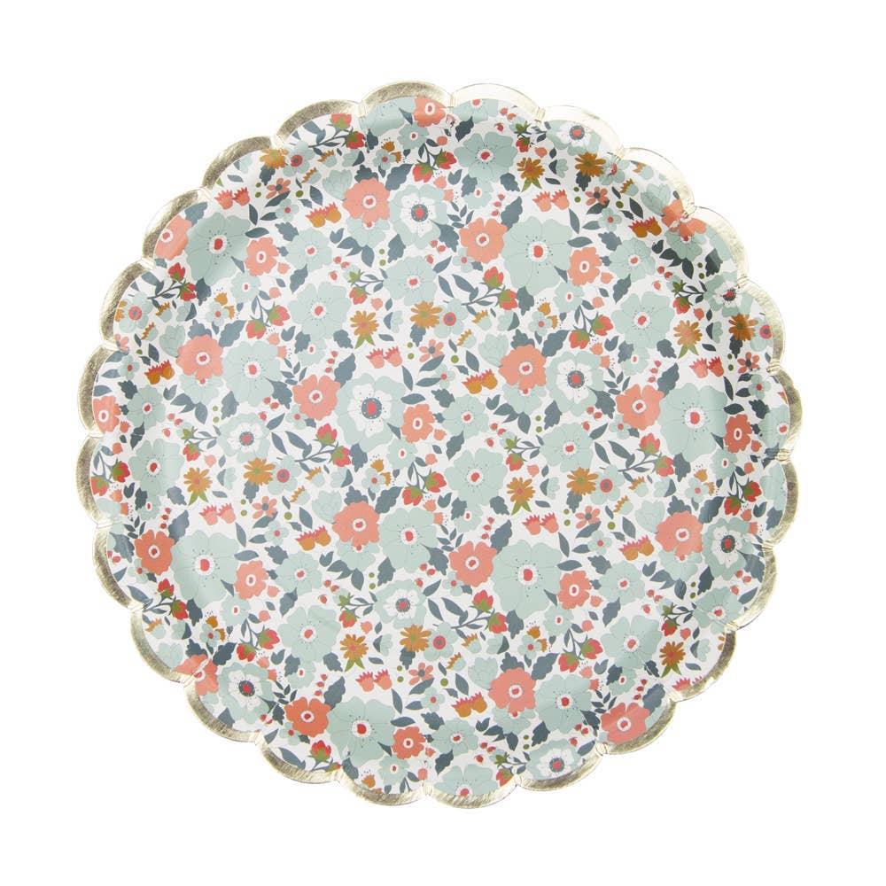 Platos de papel festoneados con flores y borde dorado