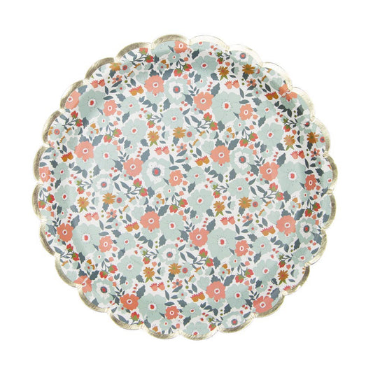 Platos de papel festoneados con flores y borde dorado