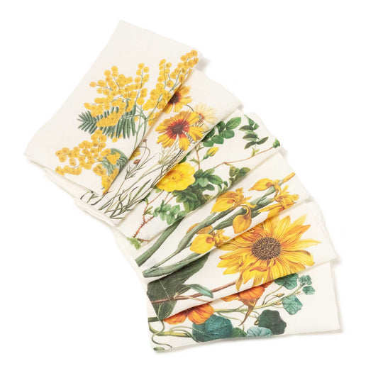 Set de seis servilletas de lino blanco estampadas de flores amarillas