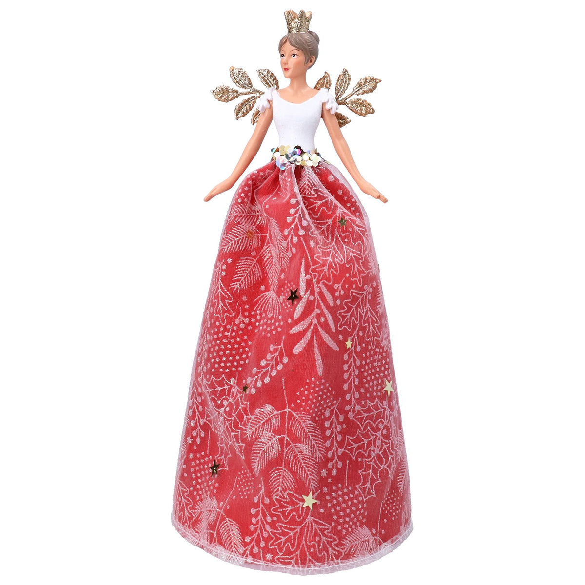 Figura decorativa de hada con corona y falda bordada, tope de árbol