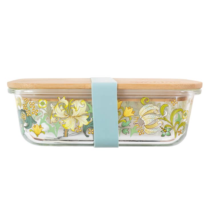 Lonchera de cristal con forma de lirio dorado de William Morris