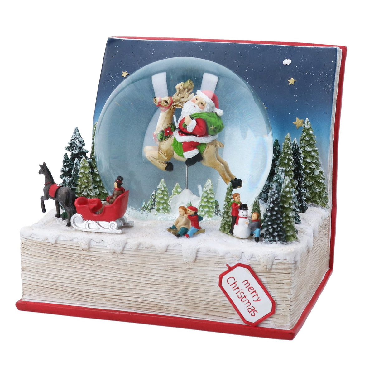 Escena musical navideña con bola de nieve y Papá Noel