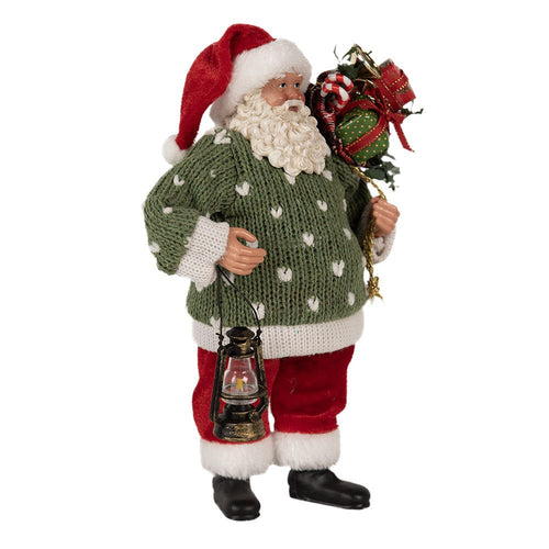 Figura decorativa de Papá Noel con suéter verde y farol navideño