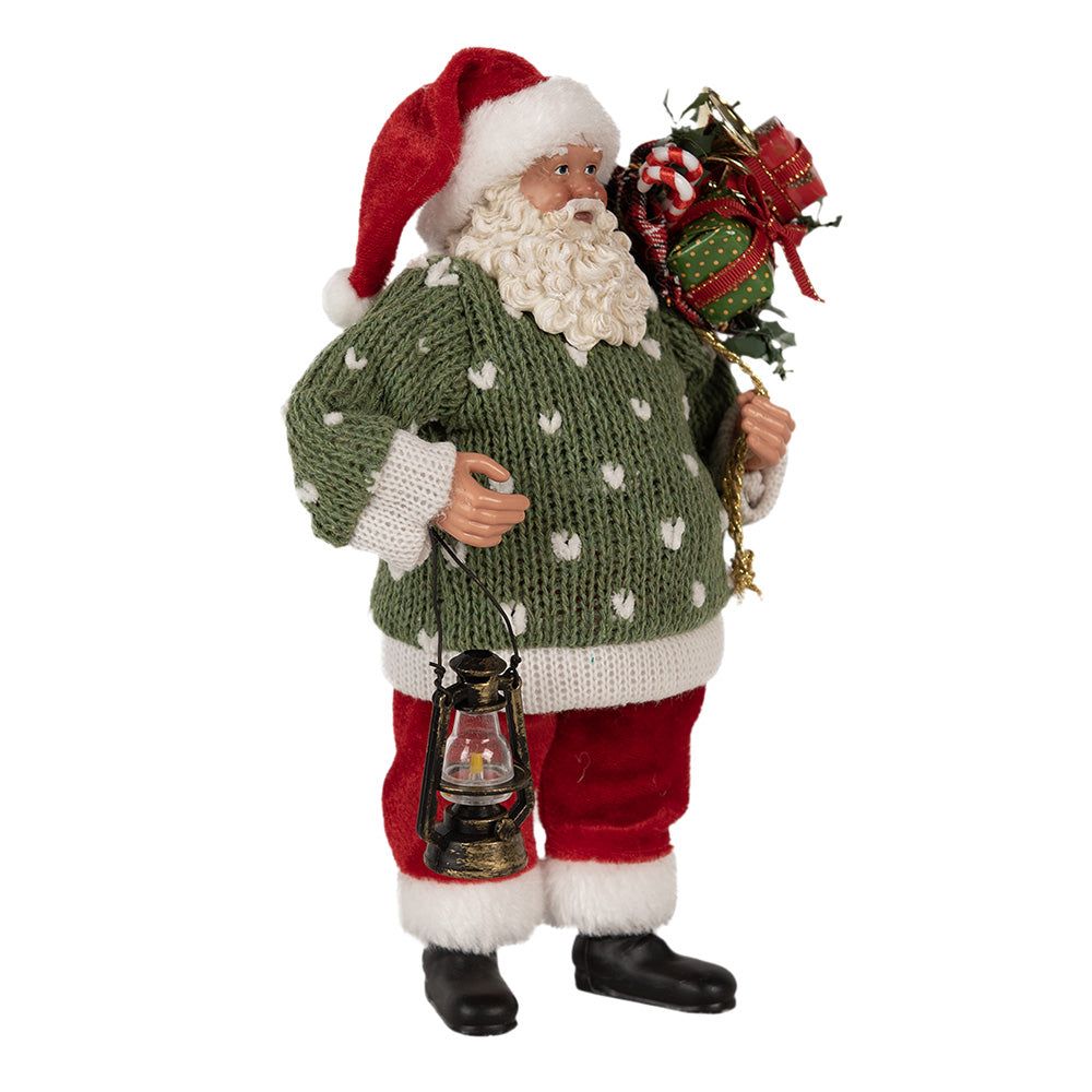 Figura decorativa de Papá Noel con suéter verde y farol navideño