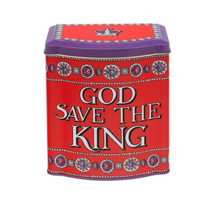 Caja de lata rectangular con diseño "God save the king"