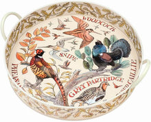 Cargar imagen en el visor de la galería, Bandeja redonda de lata con dibujo de pájaros de campo