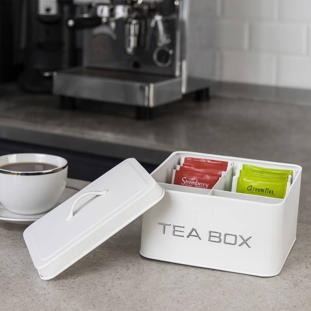 Caja de té 6 compartimentos blanca y plateada