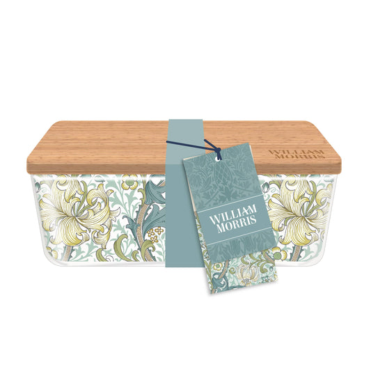 Lonchera de cristal con forma de lirio dorado de William Morris