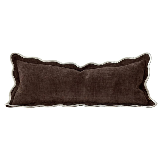 Funda de almohadón/cojín cilíndrico marrón con borde festoneado