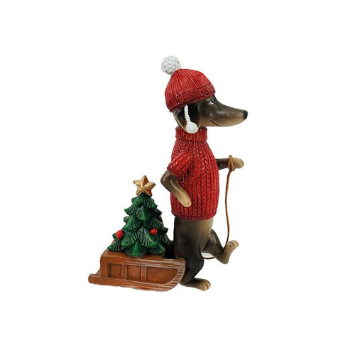 Figura decorativa perro con jersey rojo y trineo navideño