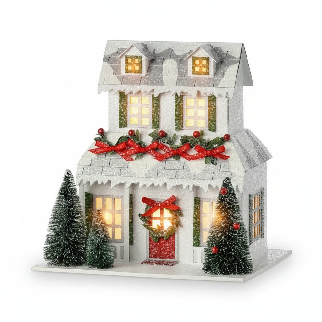 Casa de Pueblo Navideña Iluminada con Nieve y LED (Estilo Village)