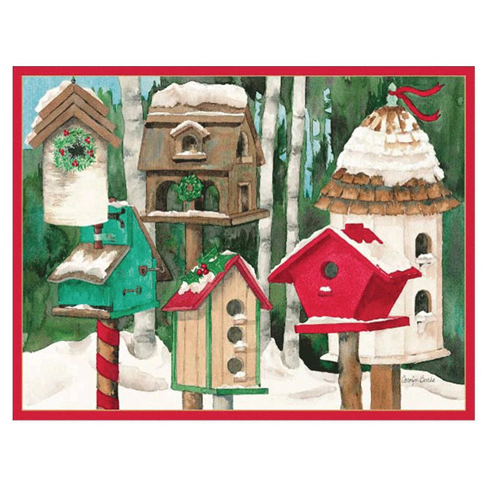 Tarjeta de Navidad con sobre diseño casas de pájaros