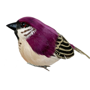 Pájaro gorrión decorativo con plumas burdeos con clip
