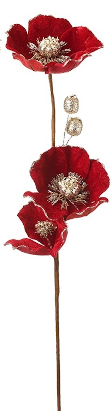 Flor artificial de terciopelo con purpurina dorada