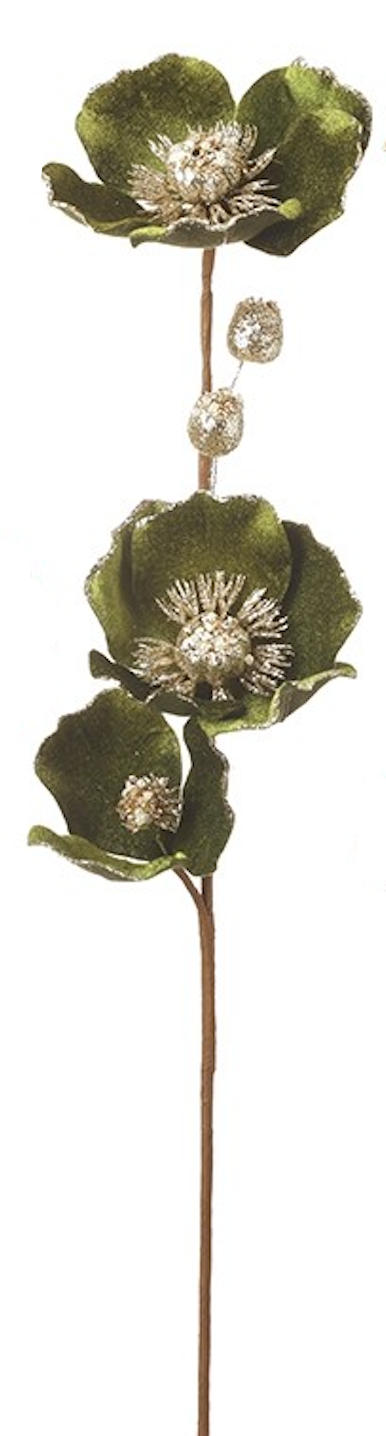 Flor artificial de terciopelo con purpurina dorada