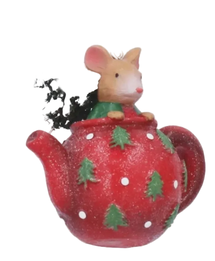 Adorno de Navidad ratón en tetera o taza, colgante