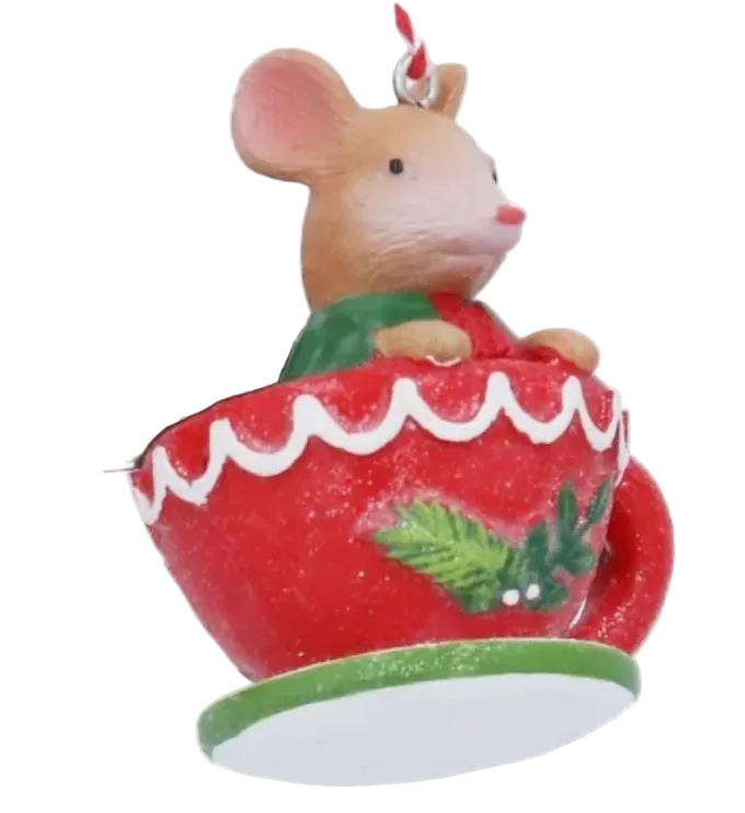 Adorno de Navidad ratón en tetera o taza, colgante