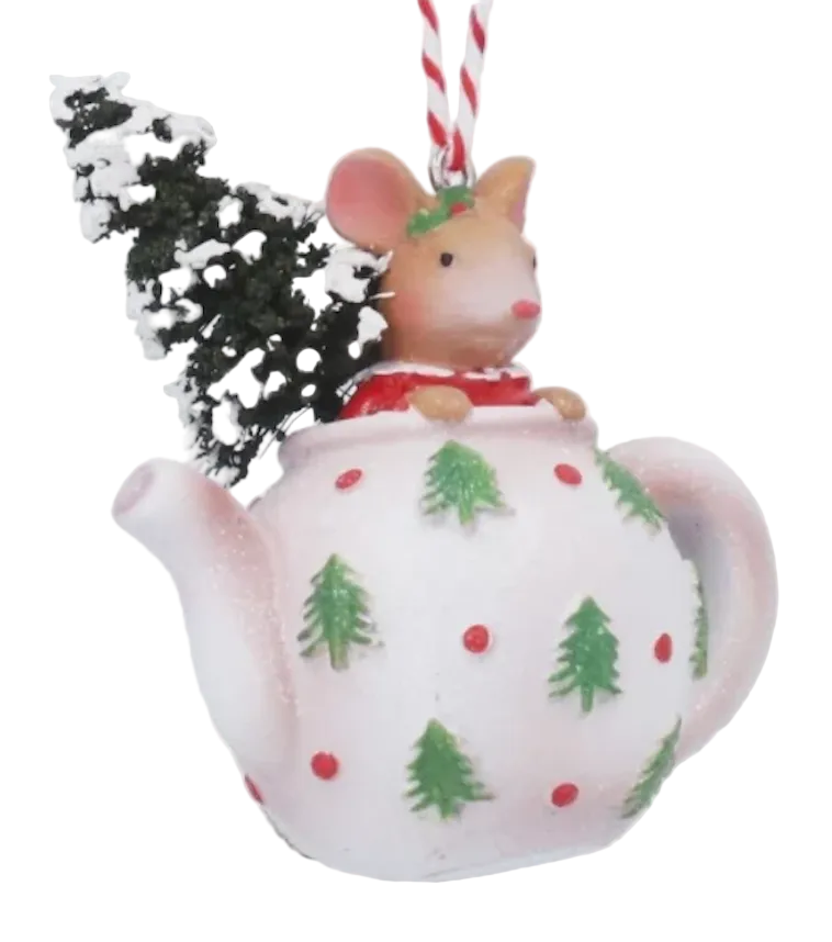 Adorno de Navidad ratón en tetera o taza, colgante