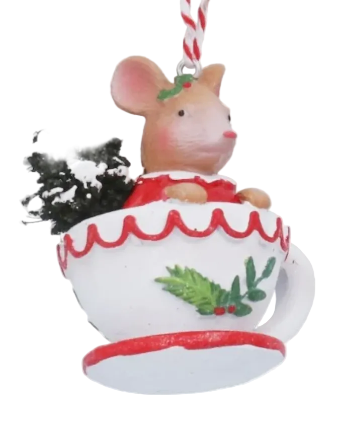Adorno de Navidad ratón en tetera o taza, colgante