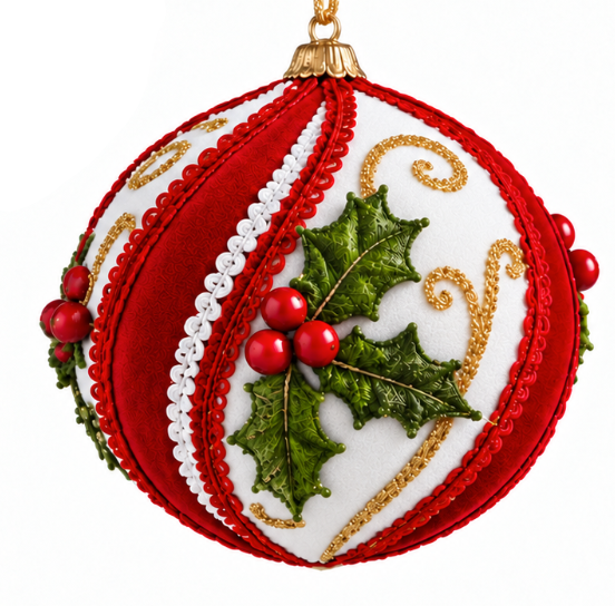 Adorno navideño de terciopelo rojo con acebo