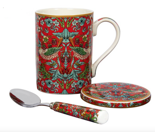 Set de taza, posavasos y cuchara diseño Strawberry Thief