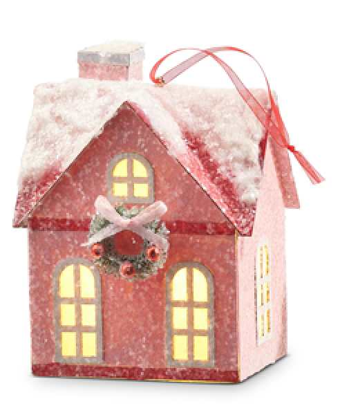 Adornos de casitas rosas navideñas con luz