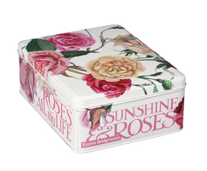 Caja de lata rectangular con diseño de rosas