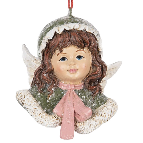 Adorno navideño – Ángel con abrigo verde y lazo rosa