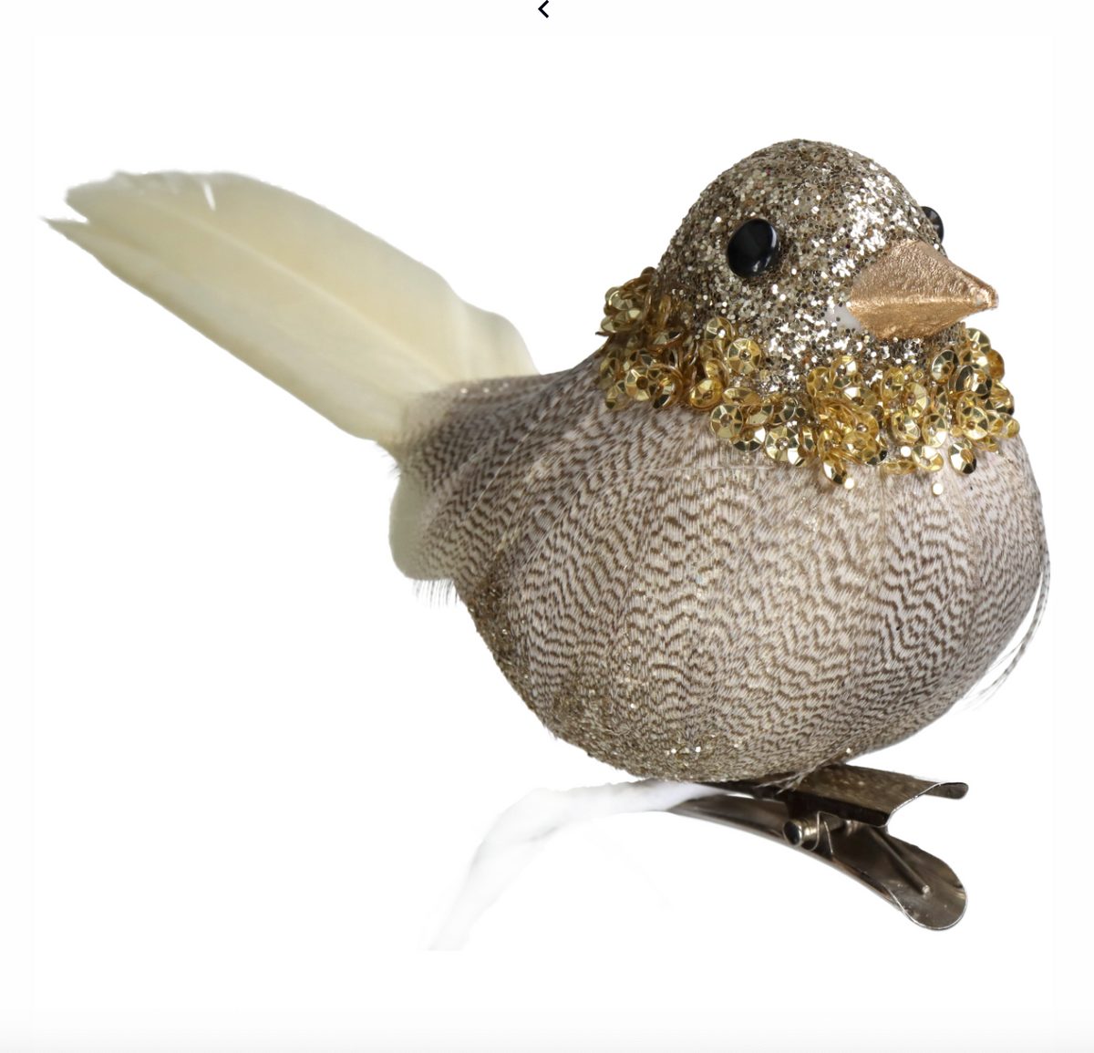 Pajarito decorativo con detalles brillantes en tonos dorado y plateado