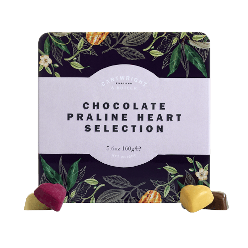 Selección de corazones de chocolate con praliné en lata