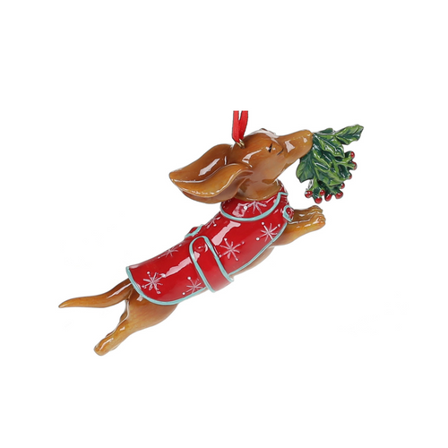 Adorno navideño perro salchicha con muérdago