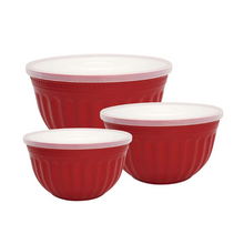 Cargar imagen en el visor de la galería, Set de 3 Cuencos para Mezclar con Tapa Hermética – Diseño Clásico Rojo